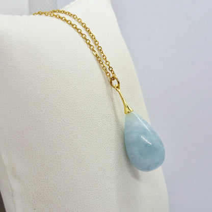 Natural Aquamarine Raindrop Pendant with Stainless Steel Gold Plated Chain Necklace