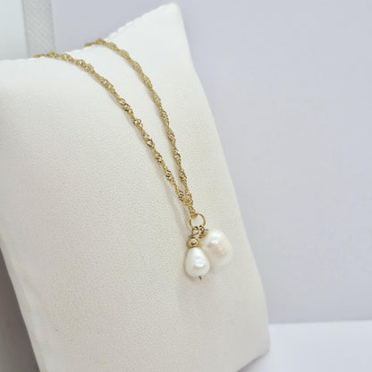 Natural Duo of Pearl Pendant with Gold Plated Stainless Steel Chain Necklace