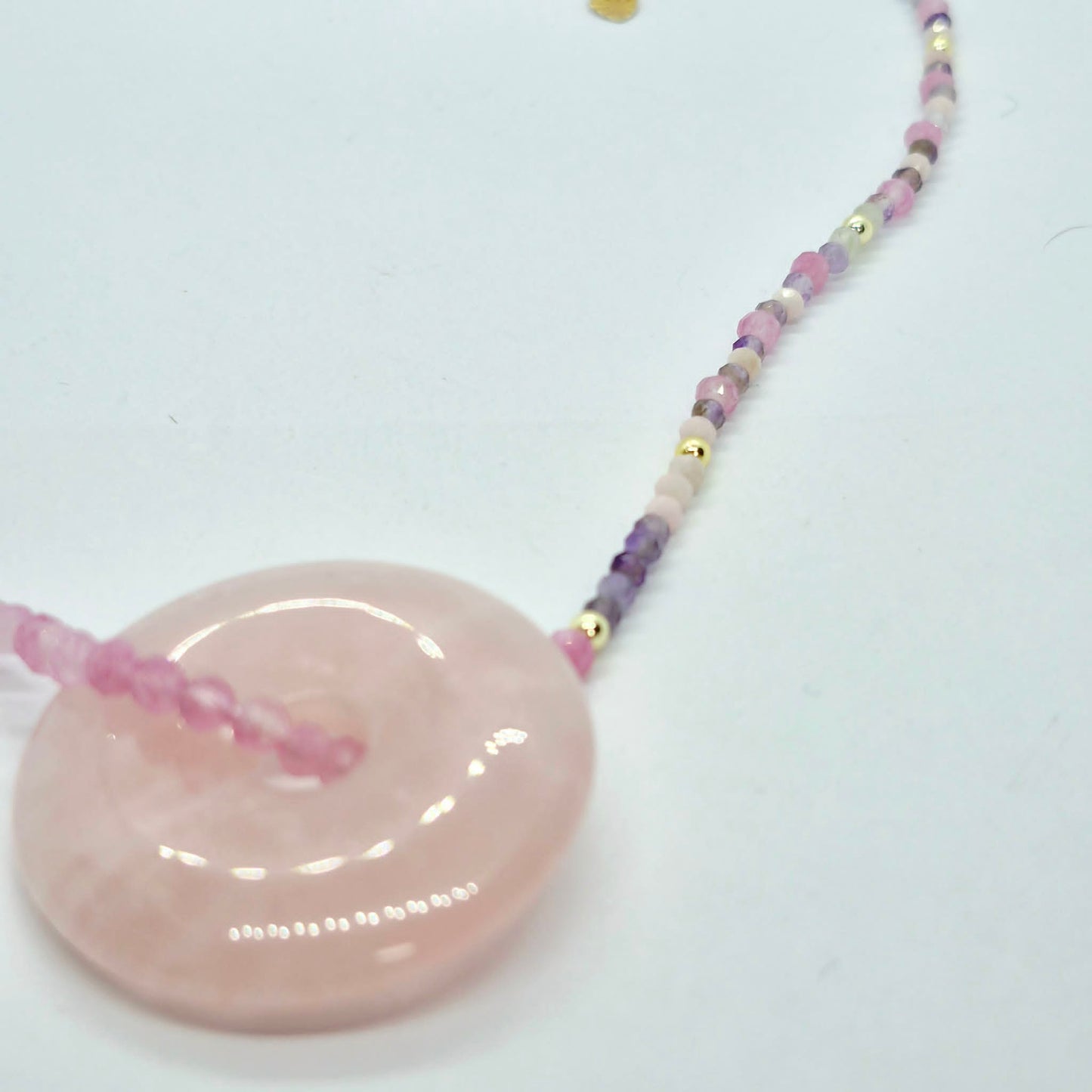 Natural Rose Quartz Donut Pendant with Amethyst and Rose Quartz Beaded Necklace