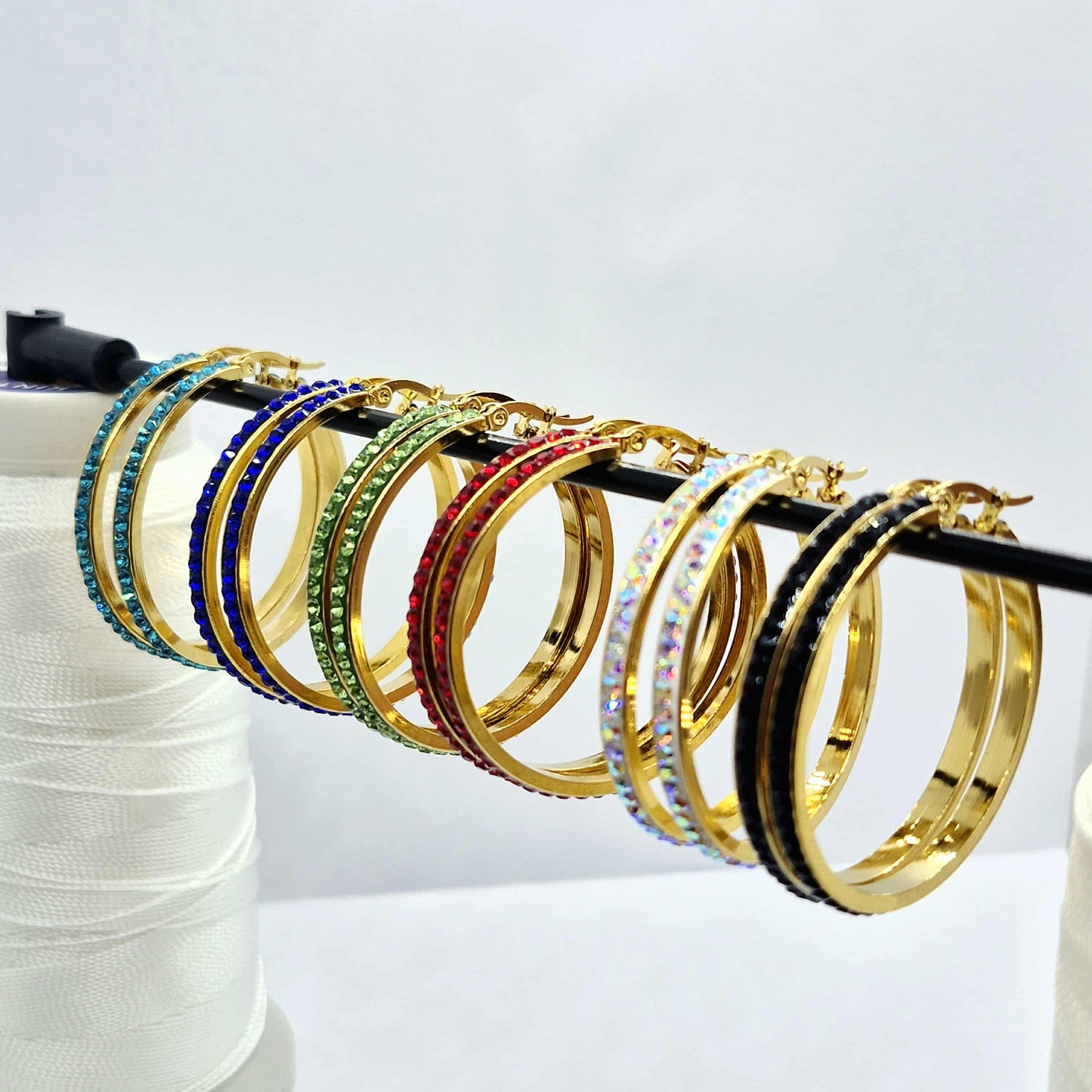 Stainless Steel Gold Plated 40mm Hoop Earrings with Colored Rhinestone