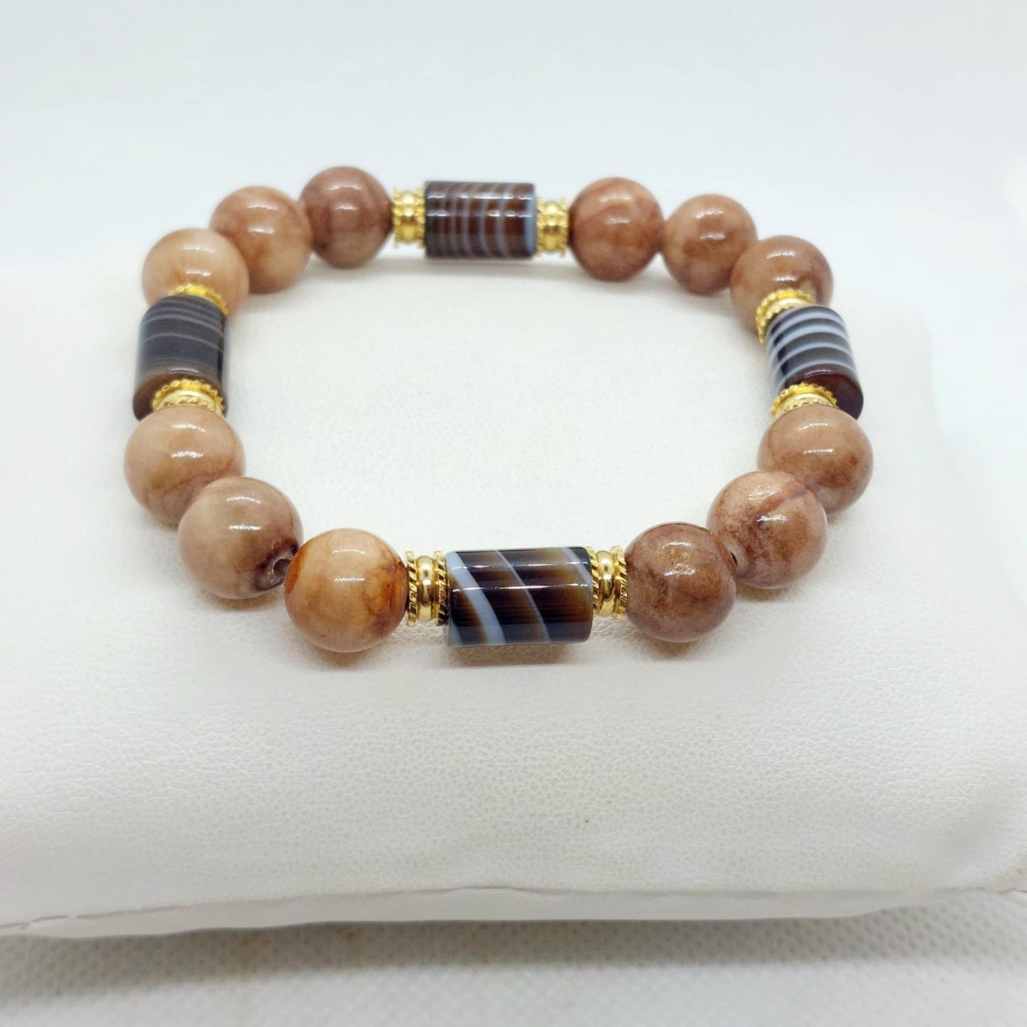 Natural Light Brown Jade & Banded Agate Bracelet with 10mm Stones