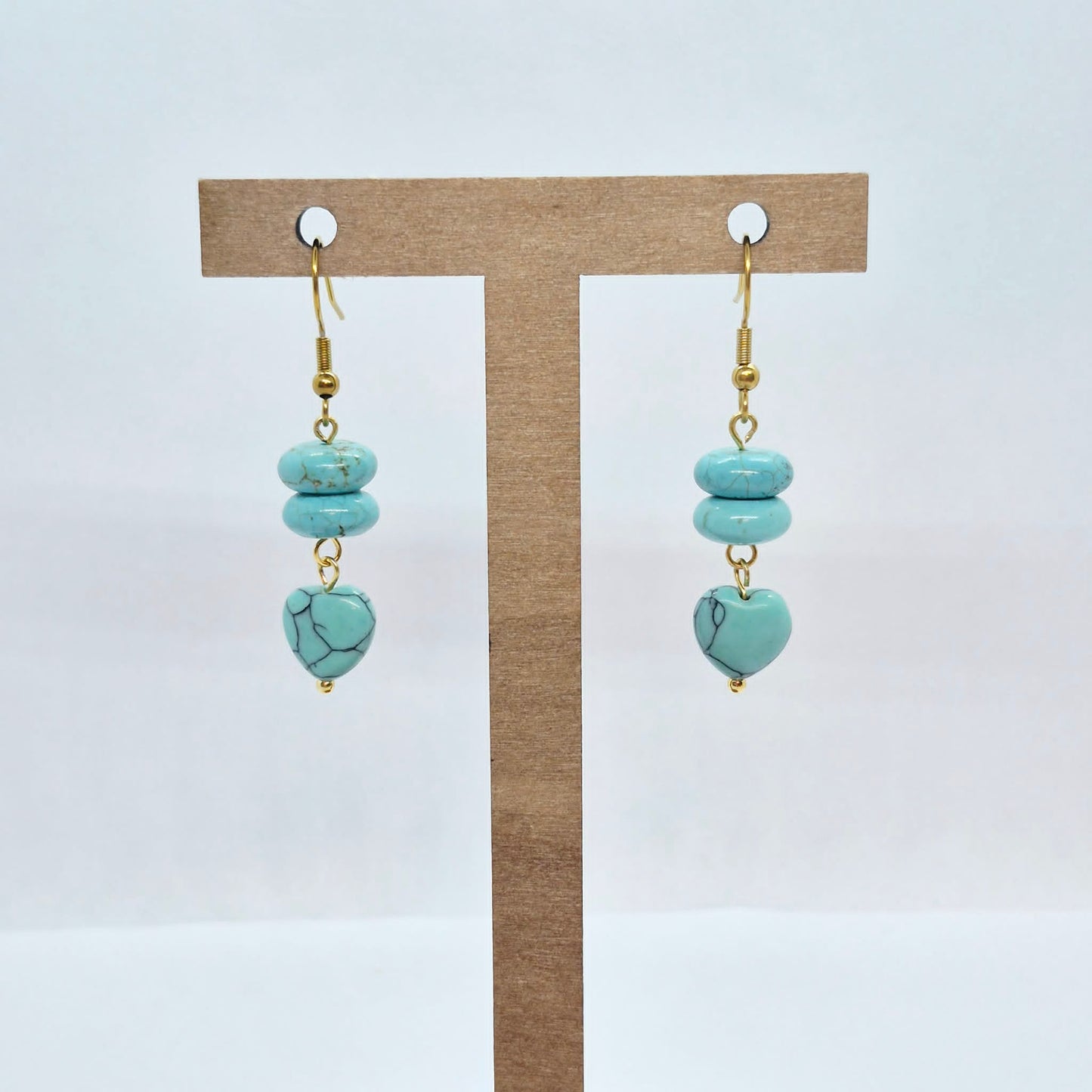 Natural Turquoise Heart Dangle Earrings in Stainless Steel Gold Plated