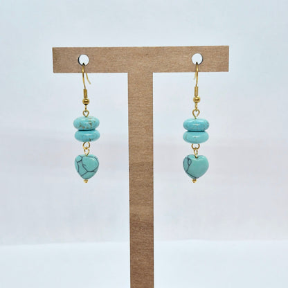 Natural Turquoise Heart Dangle Earrings in Stainless Steel Gold Plated
