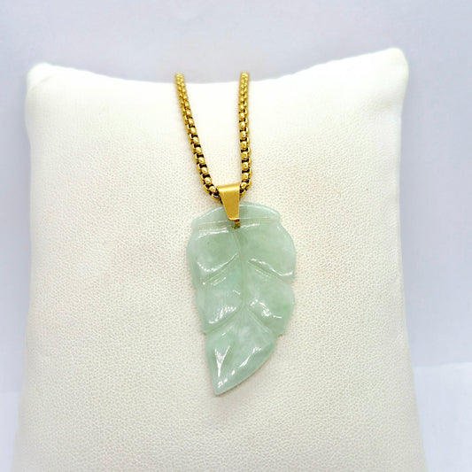 Natural Burmese Jade Leaf Pendant with Gold Platted Stainless Steel Necklace