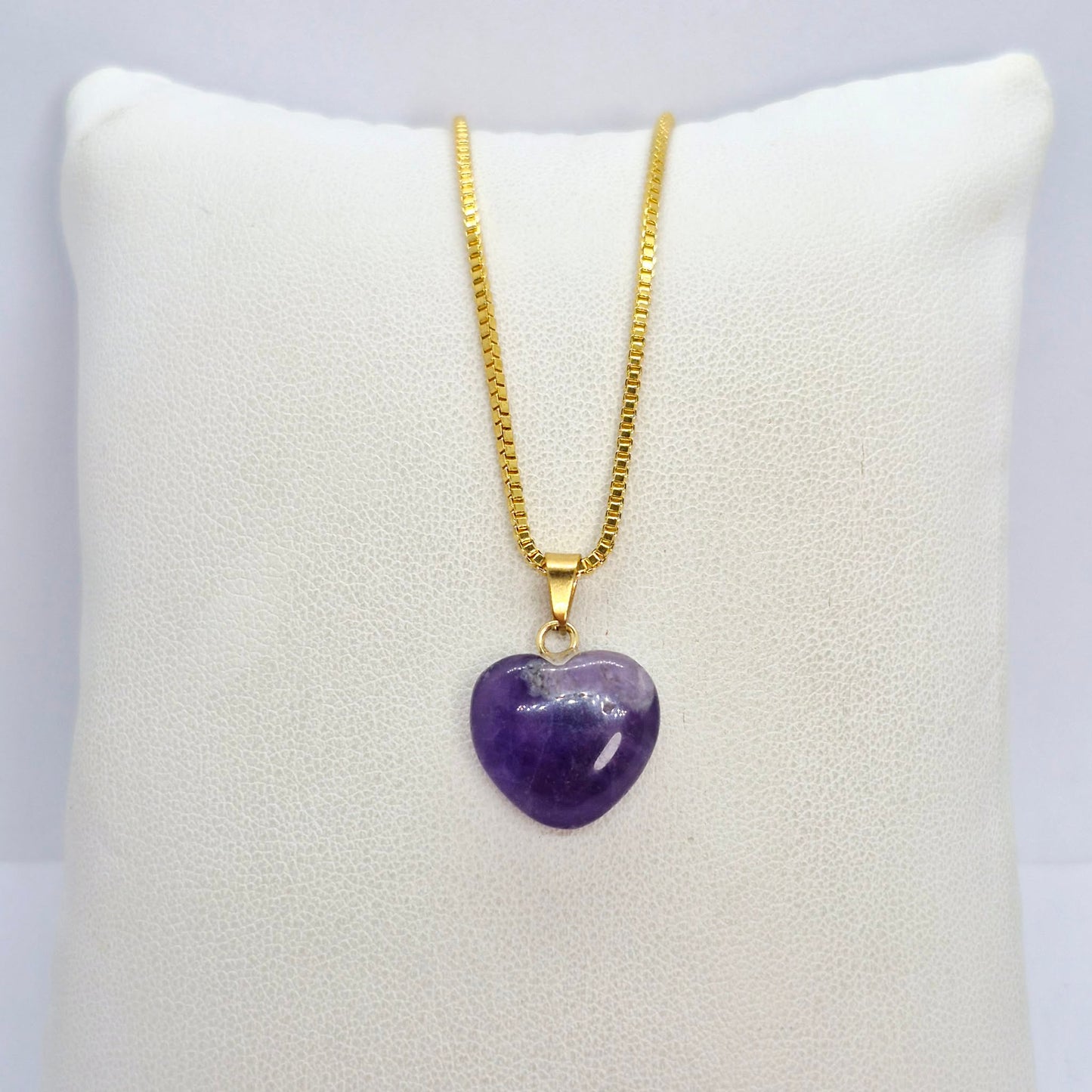 Natural Stone Mini Hearts in Amethyst, White Crystal, Ruby Stone, Blue Angelite, Striped Agate and Rose Quartz with Stainless Steel Chain Necklace
