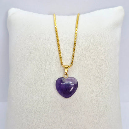 Natural Stone Mini Hearts in Amethyst, White Crystal, Ruby Stone, Blue Angelite, Striped Agate and Rose Quartz with Stainless Steel Chain Necklace