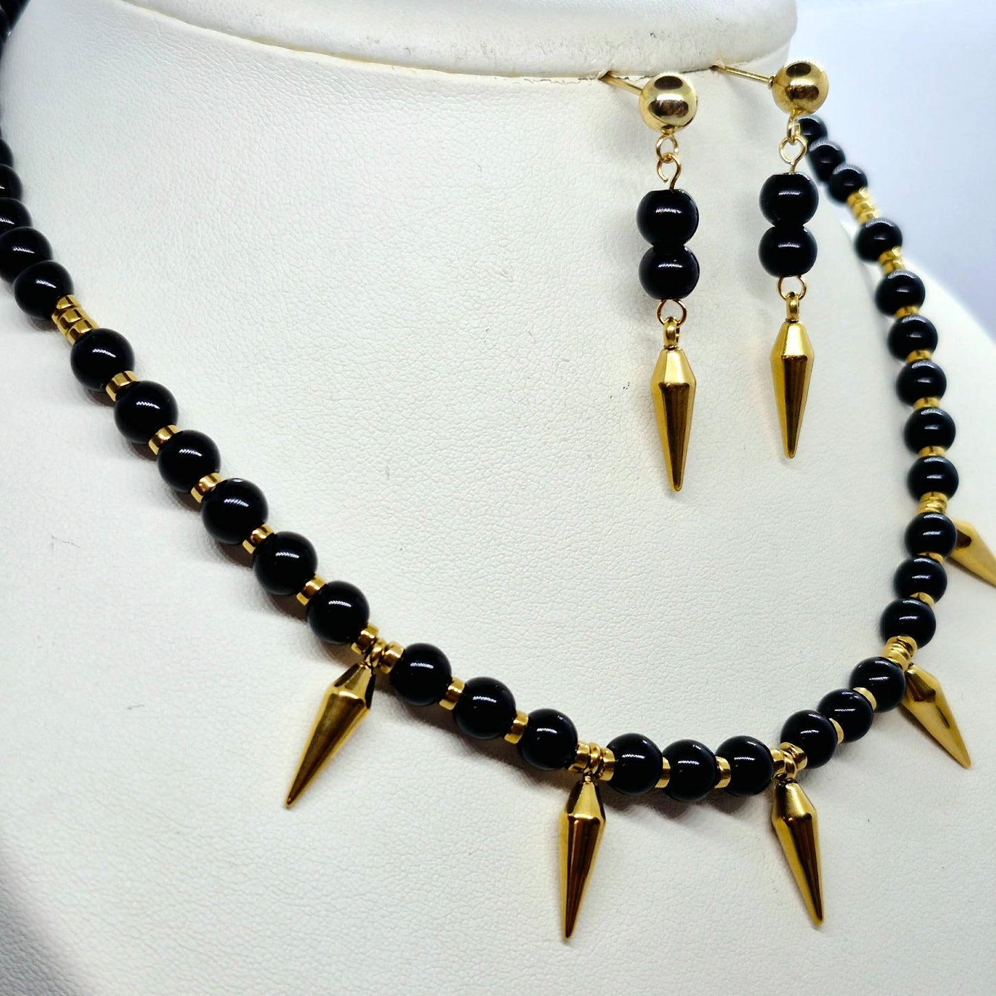 Natural Obsidian Choker Necklace and Earrings Set in Gold Platted Stainless Steel