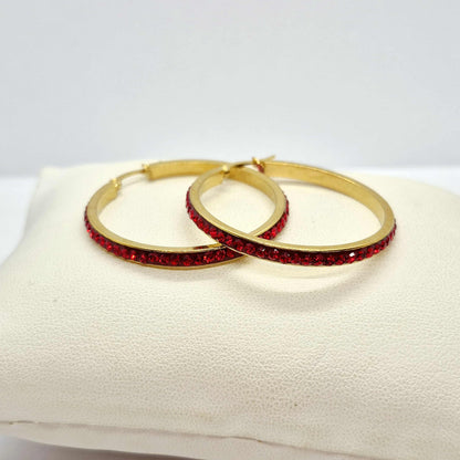 Stainless Steel Gold Plated 40mm Hoop Earrings with Colored Rhinestone