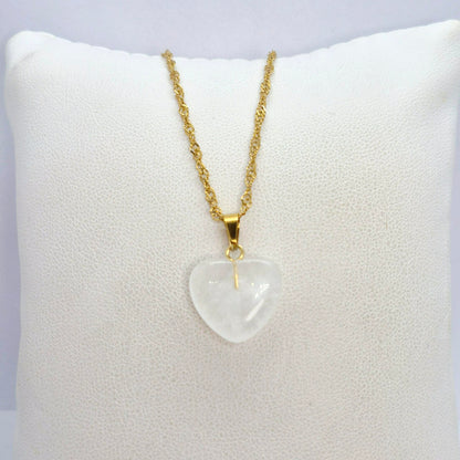 Natural Stone Mini Hearts in Amethyst, White Crystal, Ruby Stone, Blue Angelite, Striped Agate and Rose Quartz with Stainless Steel Chain Necklace