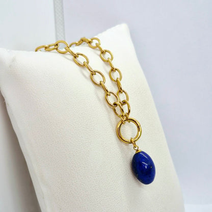 Natural Lapis Pendant with Gold Plated Stainless Steel Chain Necklace