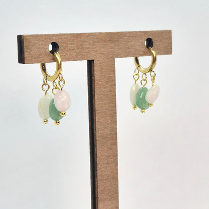 Natural Mini Amazonite, Rose Quartz and Aventurine Hoop Earrings in Stainless Steel Gold Plated