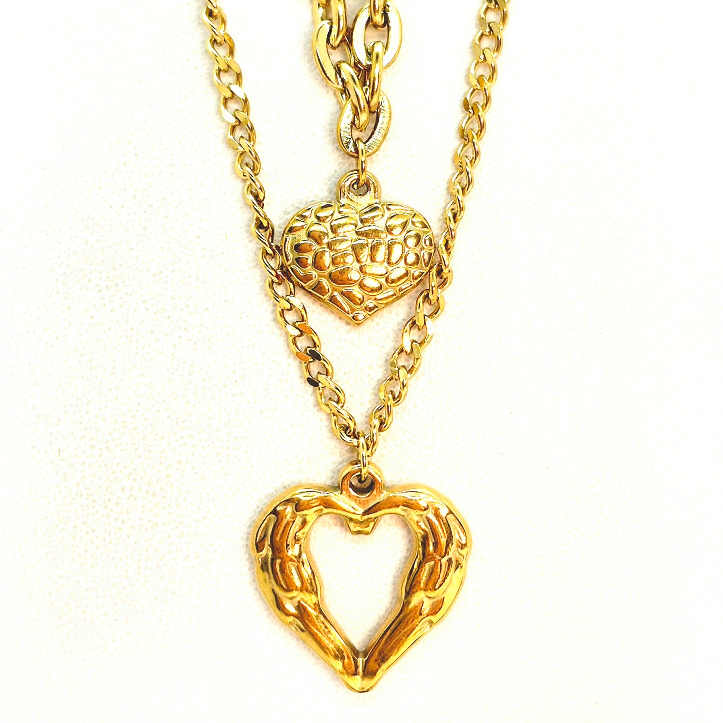 Double Heart Pendant Necklace in Gold Platted Stainless Steel