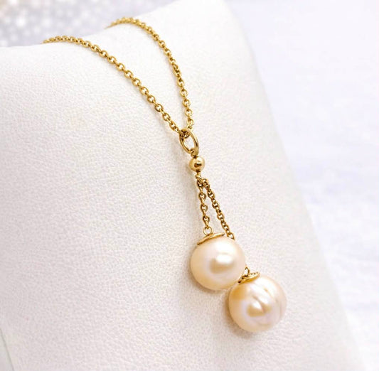 Natural Double Baroque Peach Pearl Pendant in Gold Plated Stainless Steel with Chain Necklace