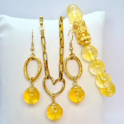 Natural Citrine Set in Gold Plated Stainless Steel with Silver Pixiu