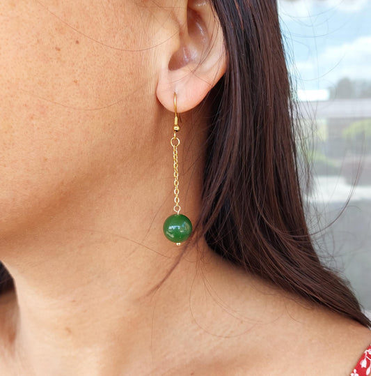 Natural Hetian Jade Dangle Earrings in Gold Plated Stainless Steel
