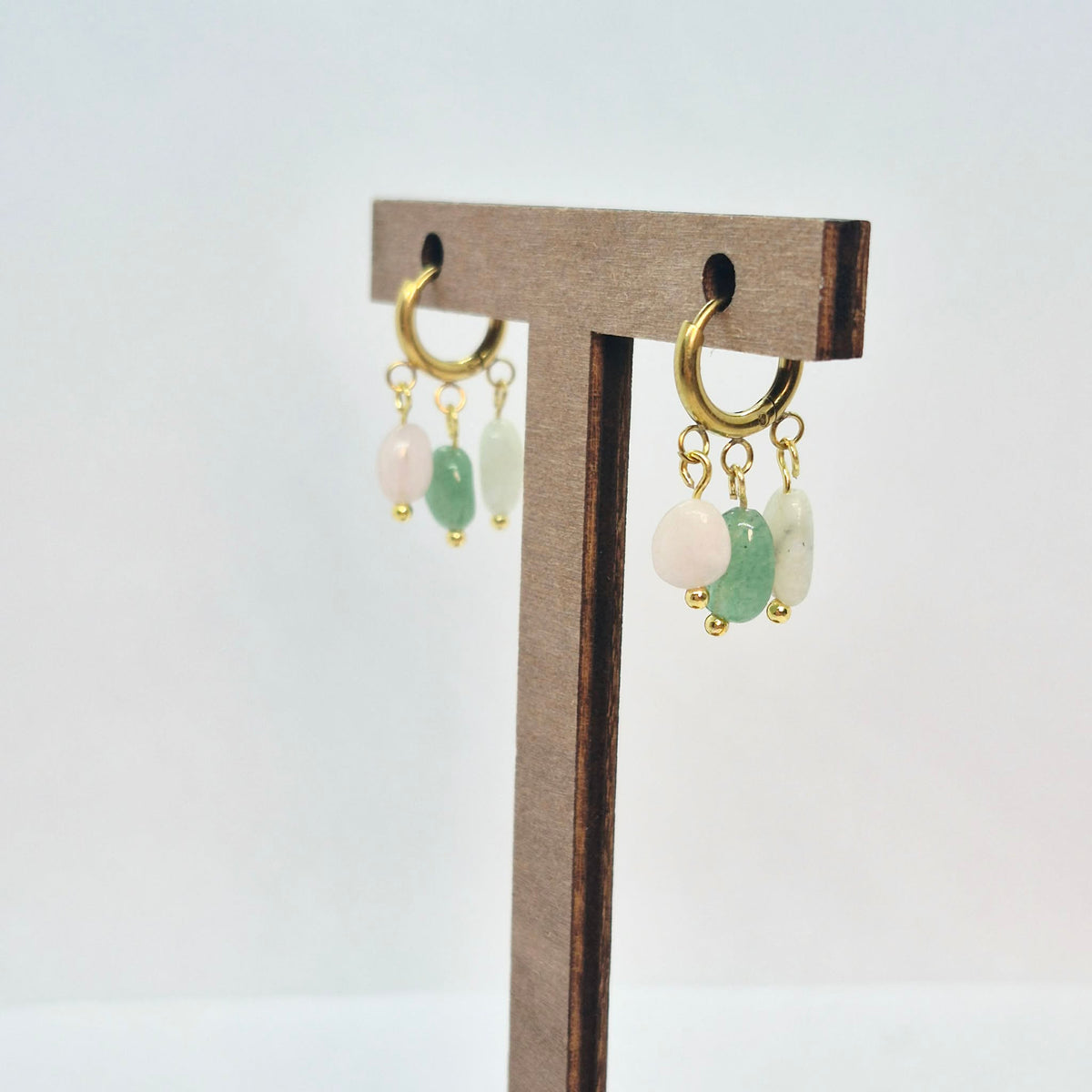 Natural Mini Amazonite, Rose Quartz and Aventurine Hoop Earrings in Stainless Steel Gold Plated
