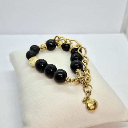 Natural Stone Bracelet with Obsidian and Lava in 12mm Stones
