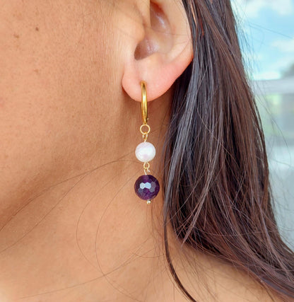 Natural Amethyst and Pearl Dangle Hoop Earrings in Gold Plated Stainless Steel