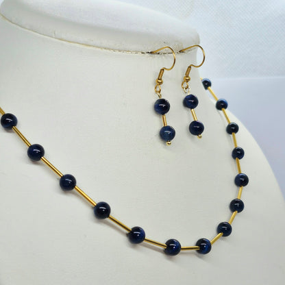 Natural Blue Tiger Eye Necklace and Earrings Set In Gold Plated Stainless Steel