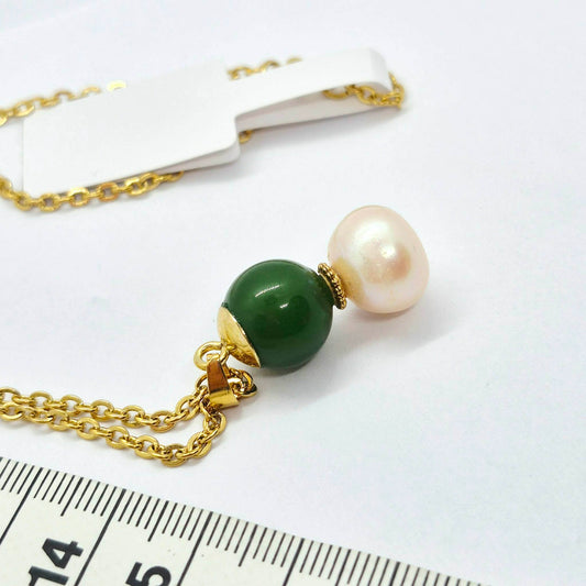 Natural Hetian Jade and 12mm Peach Pearl Pendant in Gold Plated Stainless Steel with Chain Necklace
