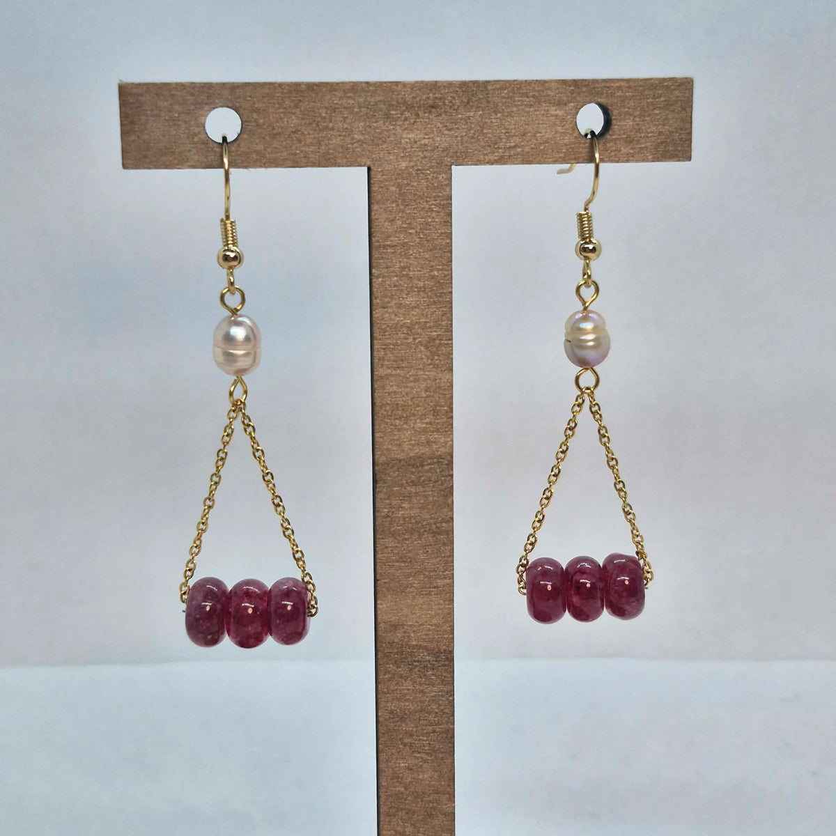 Natural Pearl and Pink Chalcedony Dangle Earrings in Stainless Steel Gold Plated