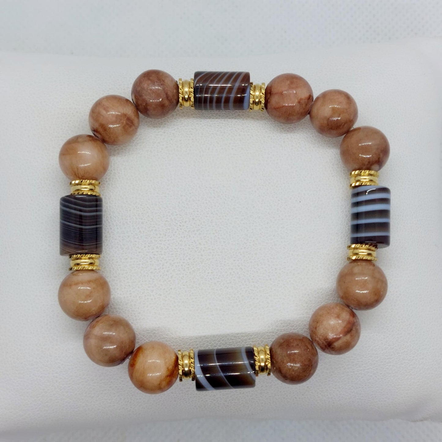 Natural Light Brown Jade & Banded Agate Bracelet with 10mm Stones