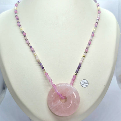 Natural Rose Quartz Donut Pendant with Amethyst and Rose Quartz Beaded Necklace