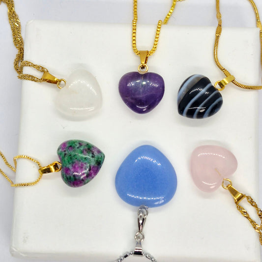 Natural Stone Mini Hearts in Amethyst, White Crystal, Ruby Stone, Blue Angelite, Striped Agate and Rose Quartz with Stainless Steel Chain Necklace