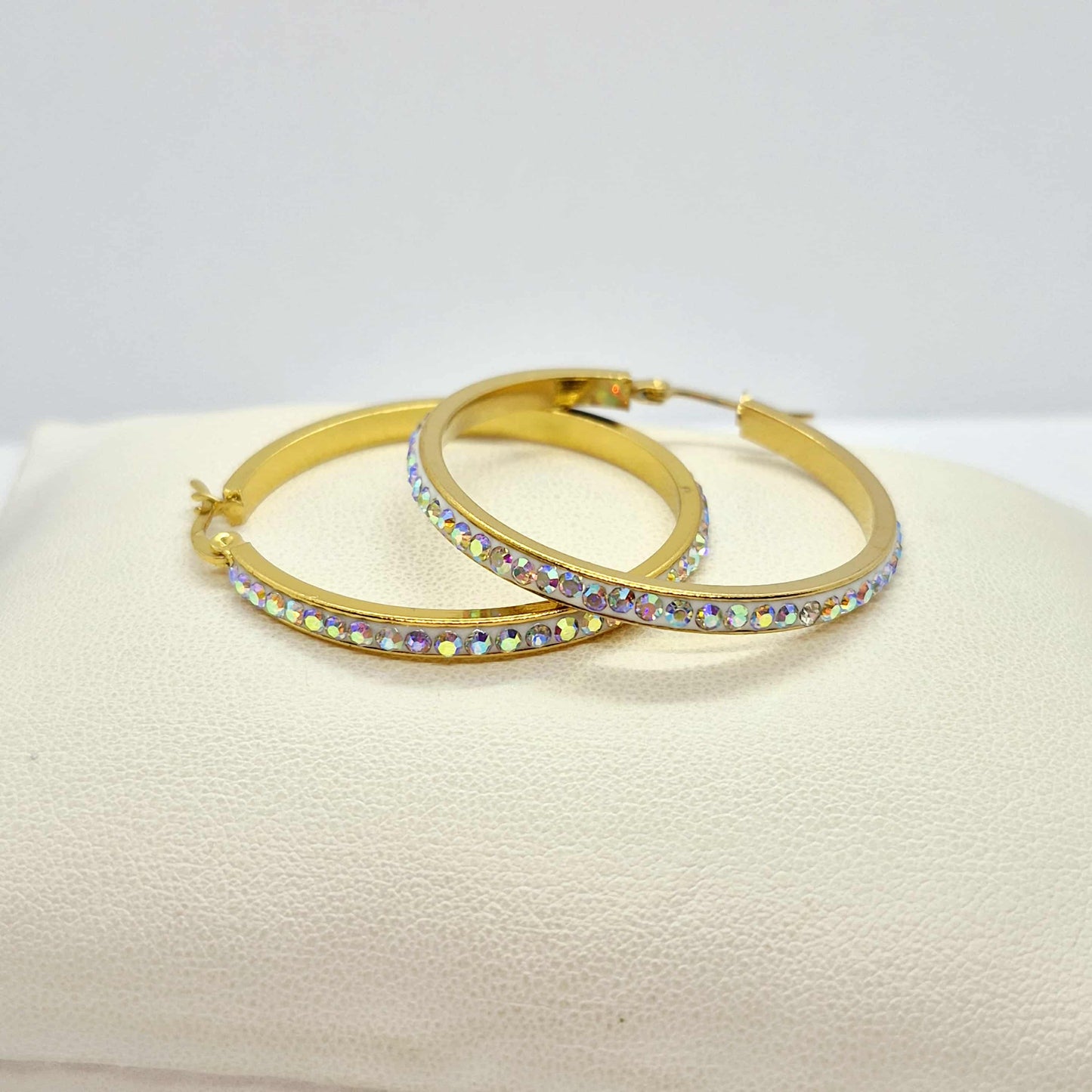 Stainless Steel Gold Plated 40mm Hoop Earrings with Colored Rhinestone