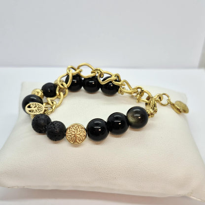 Natural Stone Bracelet with Obsidian and Lava in 12mm Stones
