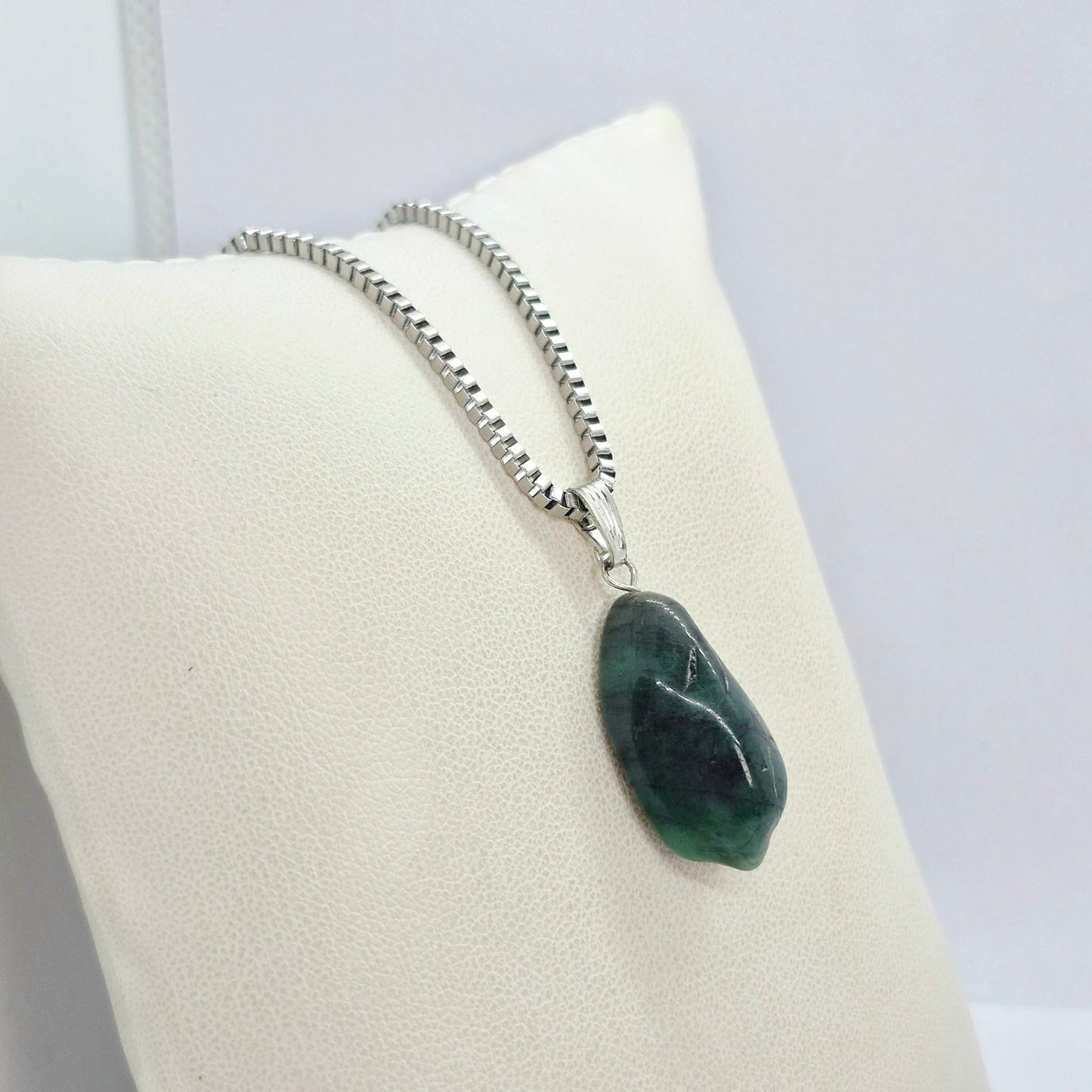 Natural Emerald Stone Pendant with Stainless Steel Chain Necklace