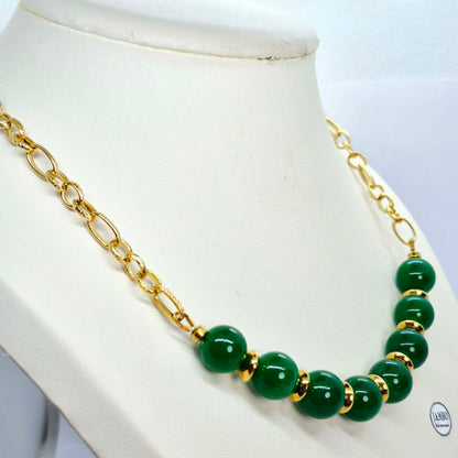 Natural Hetian Jade Set in 12mm Stones and Gold Plated Stainless Steel with Chain Necklace
