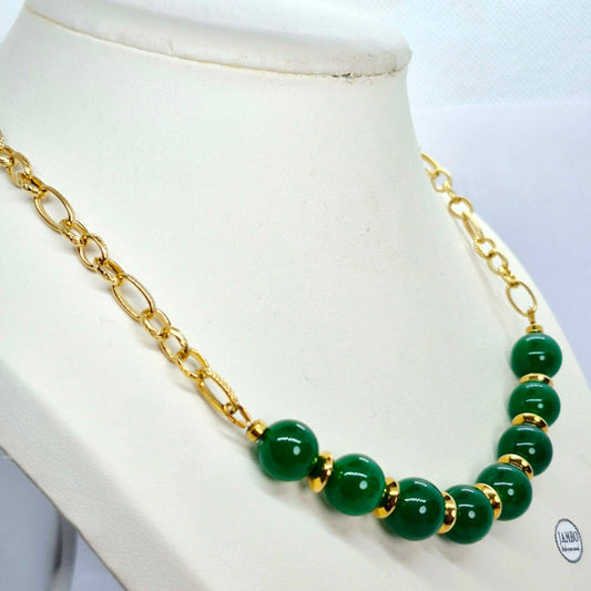 Natural Hetian Jade Set in 12mm Stones and Gold Plated Stainless Steel with Chain Necklace