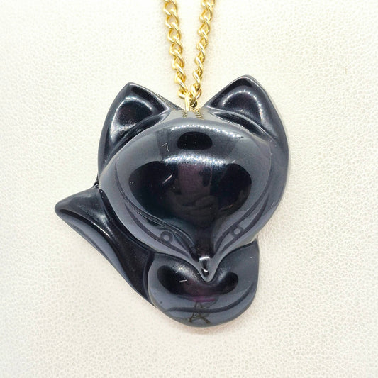 Natural Obsidian Nine Tail Fox Pendant with Stainless Steel Gold Plated Chain Necklace