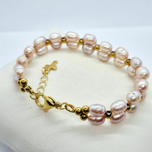 Natural Peach Pearl Bracelet in Stainless Steel Setting
