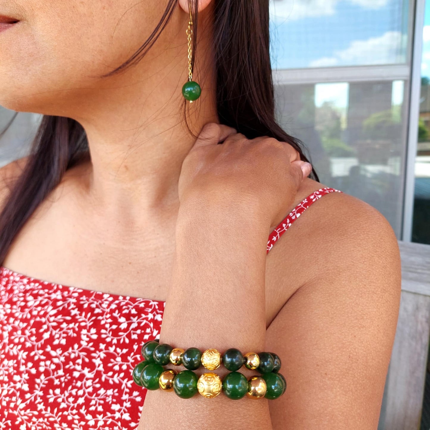 Natural Hetian Jade Dangle Earrings in Gold Plated Stainless Steel