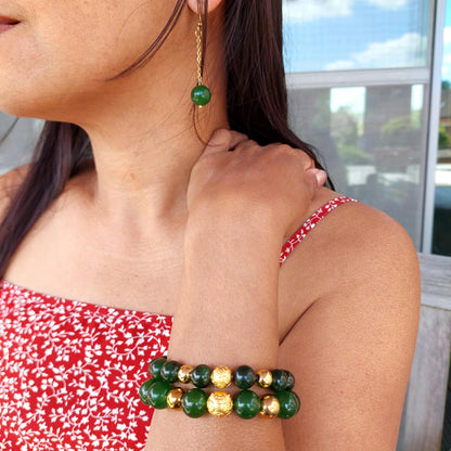 Natural Hetian Jade Dangle Earrings in Gold Plated Stainless Steel