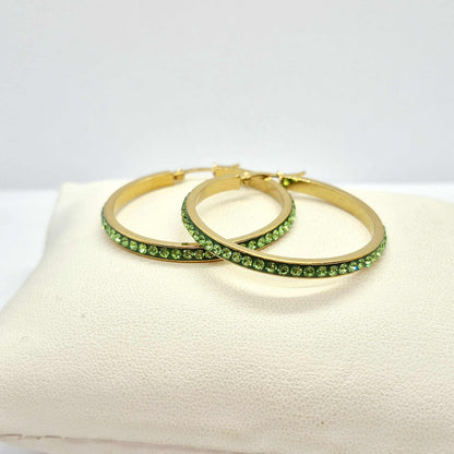 Stainless Steel Gold Plated 40mm Hoop Earrings with Colored Rhinestone