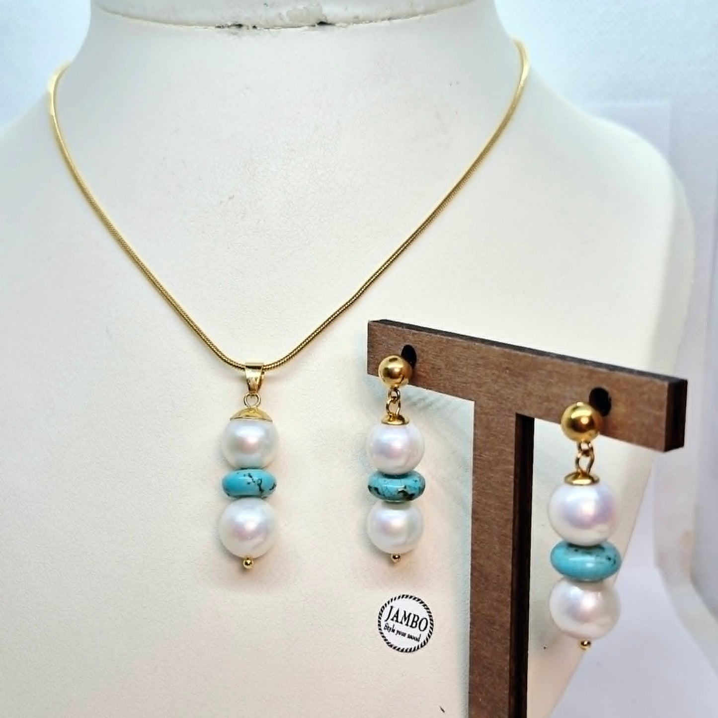 Natural 12mm Pearl and Turquoise Set in Gold Plated Stainless Steel