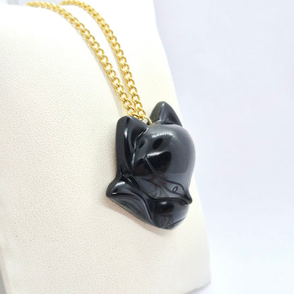 Natural Obsidian Nine Tail Fox Pendant with Stainless Steel Gold Plated Chain Necklace