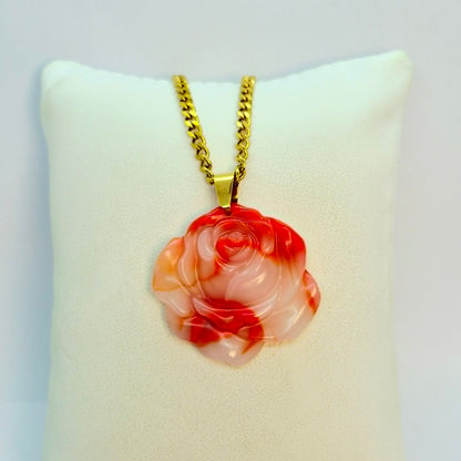 Natural Red&White Hetian Jade Rose Pendant with Stainless Steel Chain Necklace