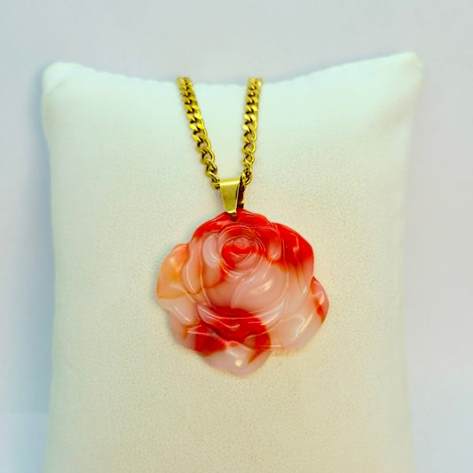 Natural Red&White Hetian Jade Rose Pendant with Stainless Steel Chain Necklace