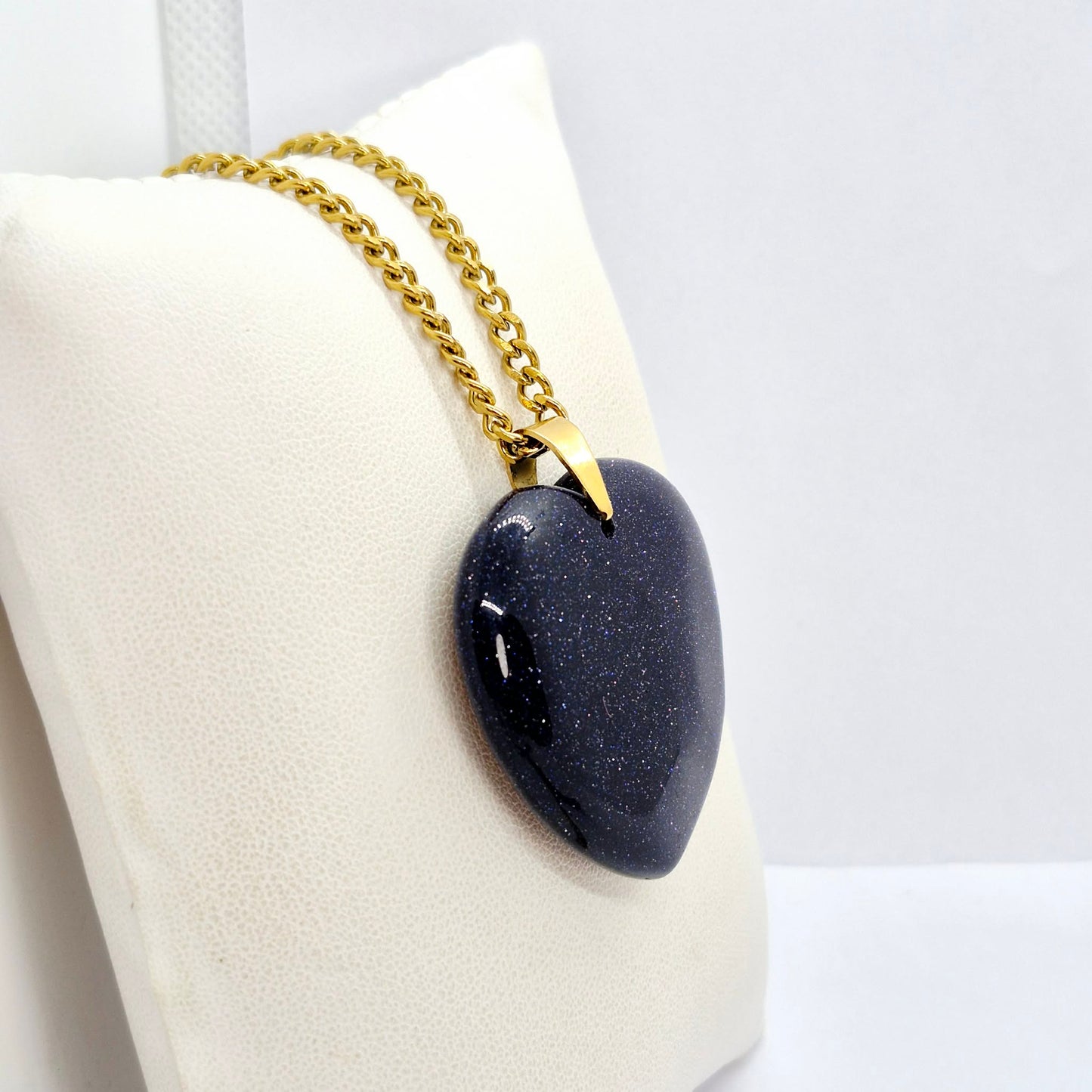 Blue Goldstone Big Heart Pendant with Stainless Steel Chain Necklace