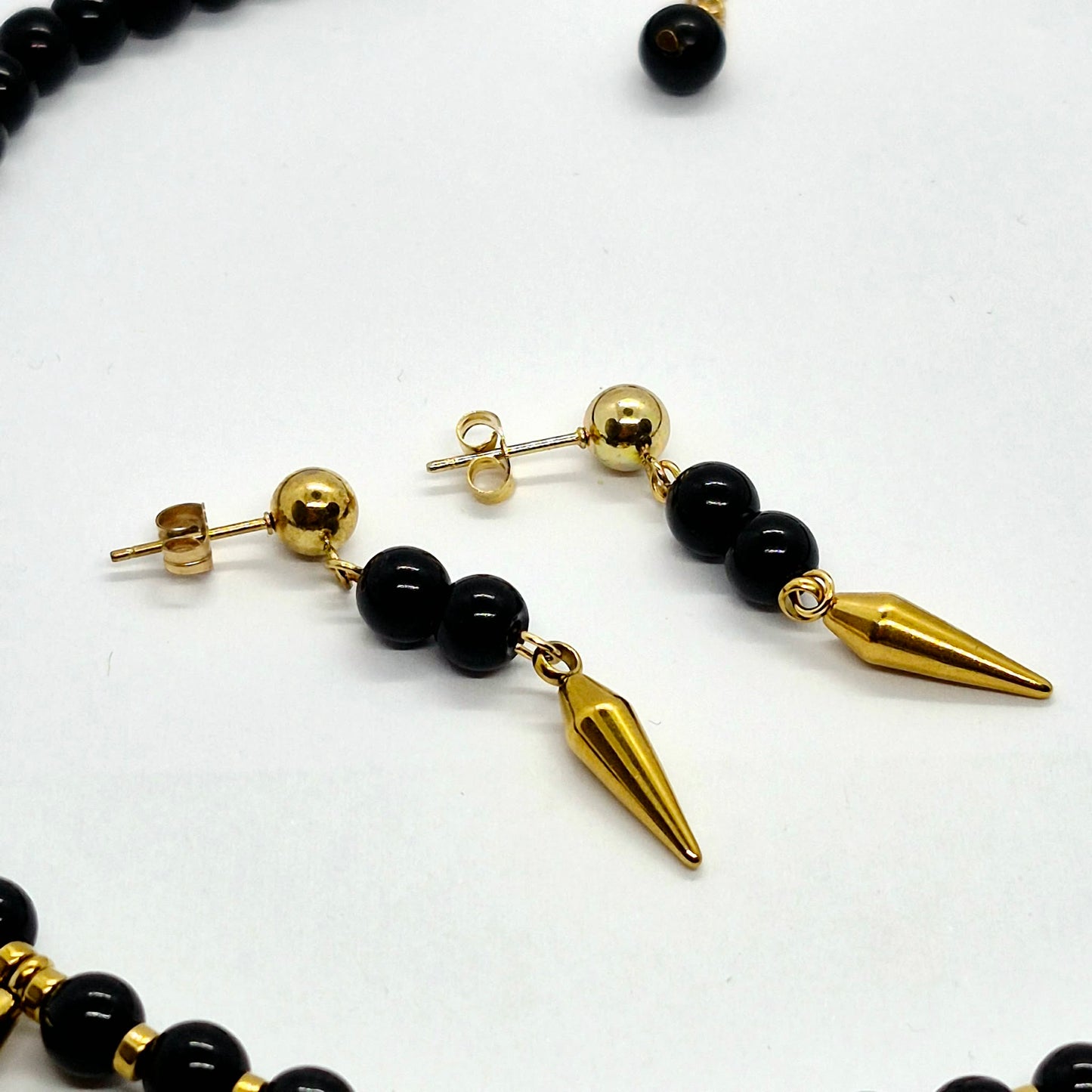 Natural Obsidian Choker Necklace and Earrings Set in Gold Platted Stainless Steel