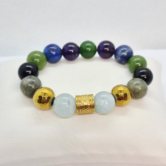 Natural Stone Bracelet with Aquamarine, Hematite, Obsidian, Amethyst, Tourmaline, Lapis and Jade in 12mm Stones with Pixiu Bracelet in 10 & 12 mm Stones