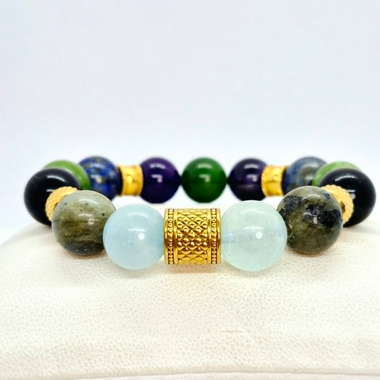 Natural Stone Bracelet with Aquamarine, Labradorite, Obsidian, Amethyst, Tourmaline, Lapis and Jade in 12mm Stones