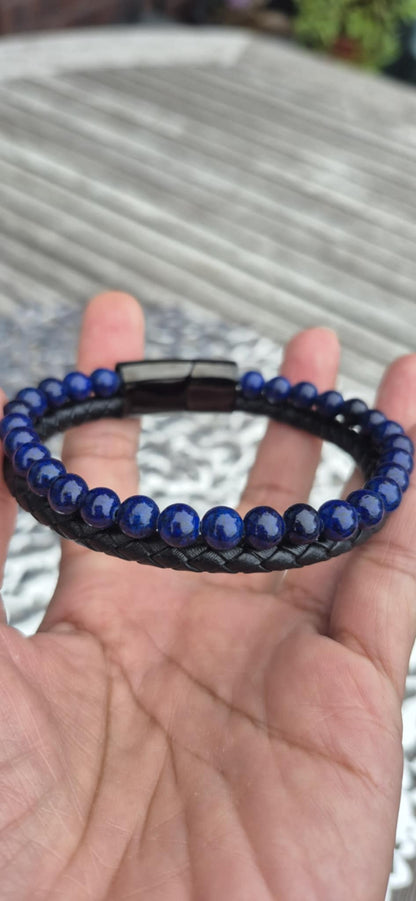 Natural Stone Leather Bracelets for Men with Hematite, Lapis, Turquoise or Tiger Eye