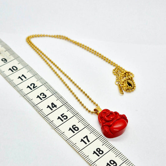 Natural Red Cinnabar Mini Buddha Pendant with Gold Plated Stainless Steel Chain Necklace
