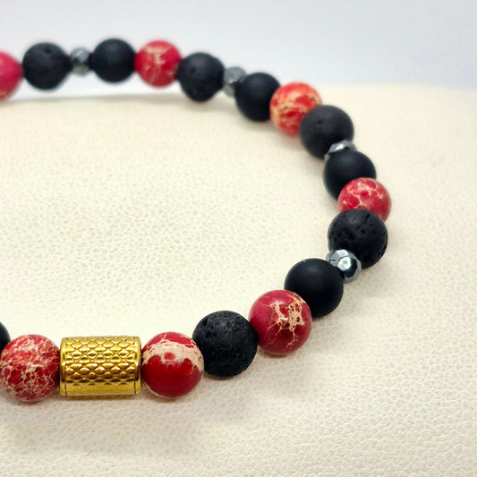 Natural Onyx, Hematite, Lava and Red Jasper Bracelet in 6mm Stones