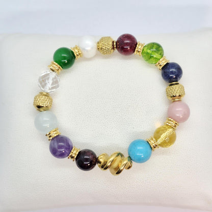 12 Month Birthstones Bracelet in 10mm Natural Stones incl Garnet, Amethyst, Aquamarine, Crystal, Jade, Pearl, Ruby, Sapphire, Opal, Citrine & Turquoise